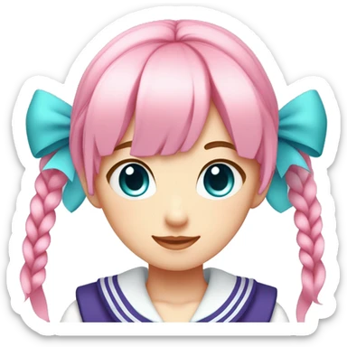 1 girl,light Pink hair, purple eyes,short high twintails with red hair ribbon,cyan blue  and white top Sailor uniform with cyan blue  sailor collar, sticker