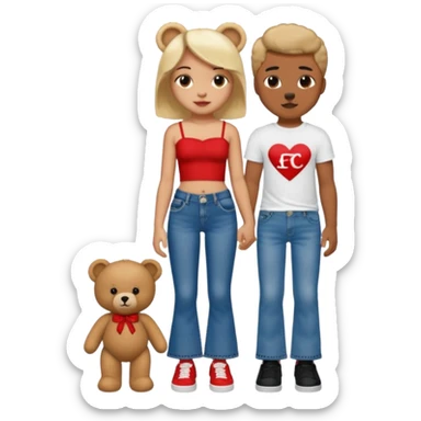 A boy and a girl teddy bear for the boy bear put on true religion shirt and jeans with black shoes and for the girl put flare jeans and a red tube top and white shoes just bears not the humans  sticker