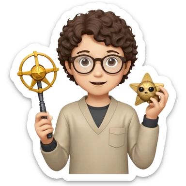 A young boy with short curly brown hair, round glasses, and a light complexion, joyfully holding a Star Wars action figure in his hand. sticker