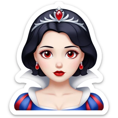 Cinematic Majestic Snow White Portrait Emoji, rendered in a clean, vector-style with bold, simplified shapes. Show Snow White with a serene, noble expression, radiant porcelain skin, and elegantly styled raven hair accented with subtle red highlights, her attire simple yet refined. The design radiates a majestic, pure glow with high shine and a soft glowing outline, embodying classic royal beauty. sticker