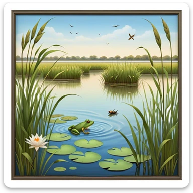 Cinematic Realistic Wetlands Emoji in a wooden frame, Peaceful and serene, with tall grasses swaying in the breeze and soft, muddy waters reflecting the sky above. Small birds and insects flit among the reeds while lily pads float lazily across the surface, punctuated by the occasional croak of a frog or splash of a fish. Soft glowing outline, capturing the essence of a calm, tranquil wetland brimming with life and natural beauty. sticker