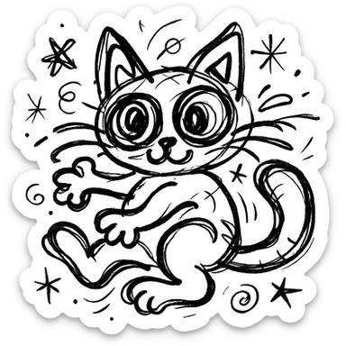 chaotic outlined icon of a cute cat with big eyes and a playful pose sticker