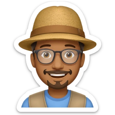 Brown man smiling no teeth showing with hat, clear glasses and goatee sticker