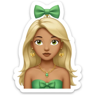 Girl with brown and green eyes light brown skin gold earrings with a gold thin chain white tube top shirt white bow in hair with long type 3b hair sticker