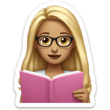 Girl with long blonde hair and rosy lips and glasses reading a pink book sticker
