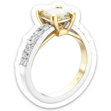 One Cushion cut diamond ring with two tone white and yellow gold band  sticker