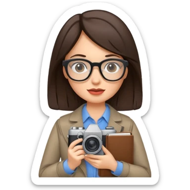 journalist brunette woman with glasses holding camera and notebook sticker