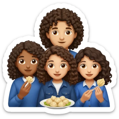 Can you create an emoji of three 23 year olds eating dumplings. One boy with wavy curly hair and one Jewish girl with long dark brown curly hair and one half Indian / half white girl with mid length straight dark brown hair. All brown eyes sticker