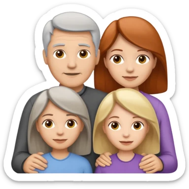 Family emoji showing a family of five. Father has grey hair, mother has mixed grey/brown hair, three daughters with blonde, brunette and redhead hair colors. sticker