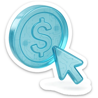 Icon of a coin with a mouse cursor clicking on it, modern and sleek, cyan blue sticker