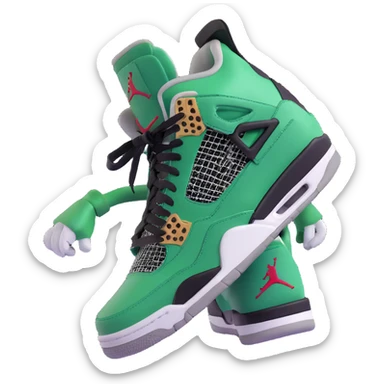 Jordan 4 Pine Green sneaker with arms, legs, and a winking facial expression sticker