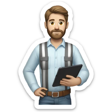 Mid white engineer wearing light blue blouse and black jeans and brown safety shoes and white helmet and he has a slight beard and holding ipad sticker