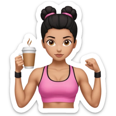Caramel skinned toned female with a black bun for hair. Her eyes are a coffee color brown and almond shaped. She’s wearing a pink sports bra and showing off her flexed muscular toned biceps. She’s not holding anything in her hands sticker