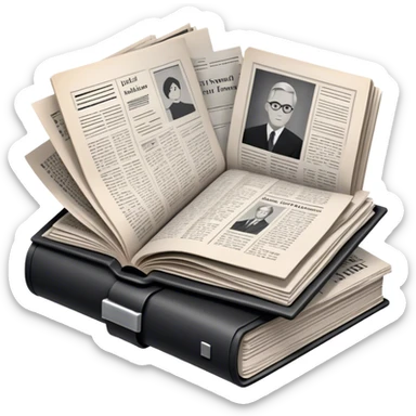 Icon for Non-Fiction & Narrative Reading: an open book with black-and-white photos on the pages, surrounded by a pile of newspaper clippings, and an open folder with top-secret documents. The icon should reflect the blend of real stories and facts in non-fiction literature. Transparent background. sticker