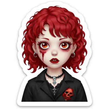 zombie girl red hair cacheado médio e franja, com piercing na boca(labret lateral), roupa gótica  sticker