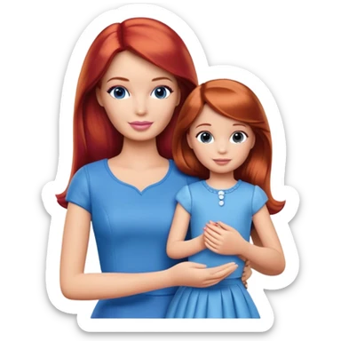A barbie girl with makeup with brown hair with a child, a daughter, a girl with red hair, holding her hand in blue clothes and a husband, a man with brown hair, a family sticker