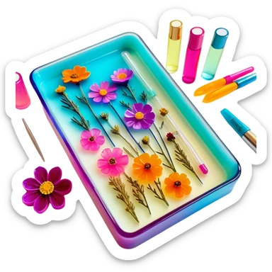 Epoxy resin art icon, jewelry and decorative items made with fluorescent epoxy resin, glowing effect on the resin, finished resin jewelry with dried flowers embedded inside, visible tubes of resin with bright colors, mixing tools, and molds, minimalistic style, clean lines, transparent background sticker