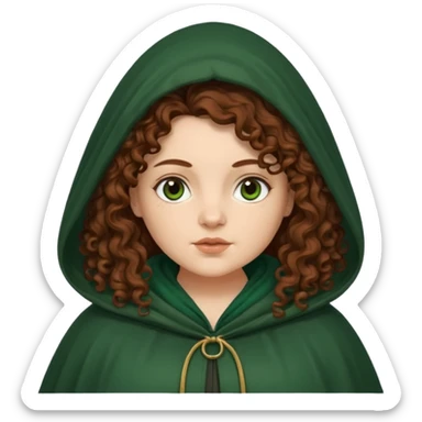 A white woman with a chubby face, with extra long dark auburn hair, cloaked and hooded like she's a Traitor in the tv show 'The Traitors'. her hair is frizzy curly, not with defined curls, and the robe is a very dark green/almost black color sticker