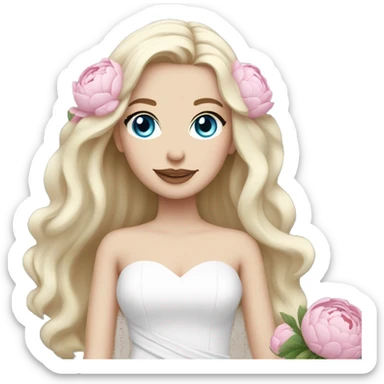 White bride with long light blonde hair and blue eyes with light pink peonies in hair white skin  sticker