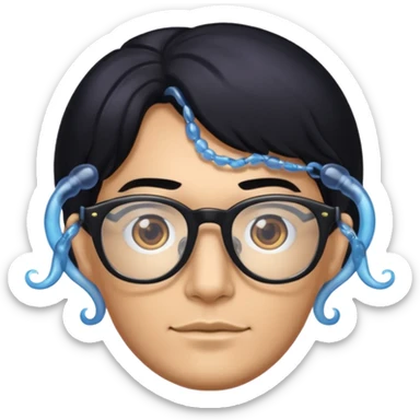 make a guy from portugal that has glasses and has a good jawline and a little masculine and black hair that spreads to the sides and make him glossy and shiny sticker