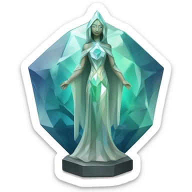 crystal sculpture oracle priestess with a geometric faceted design with disney features. Oracle of delphi is sparkling and standing upright on a base with angular and flower features. The blues neutrals and greens highlights the sharp edges and planes.  sticker
