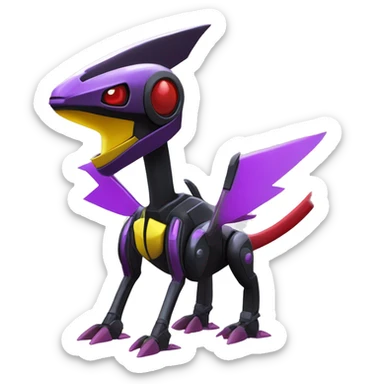 a shiny black-purple-red-yellow Genesect-Flygon-Raptor-Fakémon-Medabot-hybrid with a futuristic visor-helmet full body sticker
