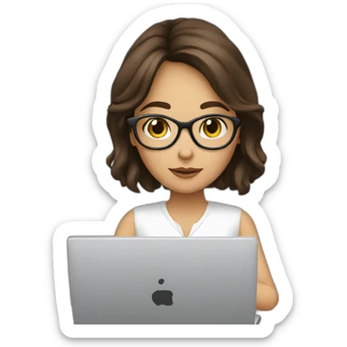 Brunette with glasses resting chin on hand gazing at laptop sticker