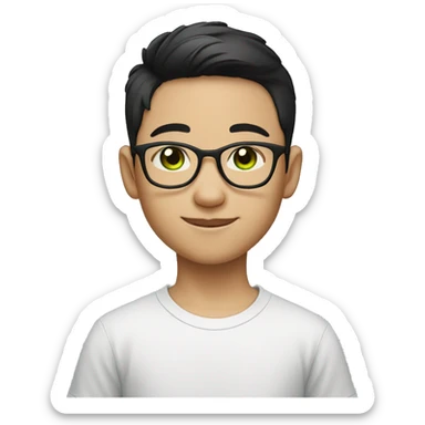 The young Chinese boy WITH GREEN EYES smiled with short hair, black-rimmed glasses and a black T-shirt. sticker