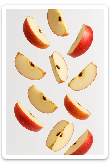 spicchi di mela cadono dall'alto, sfondo bianco realistica 4k sticker