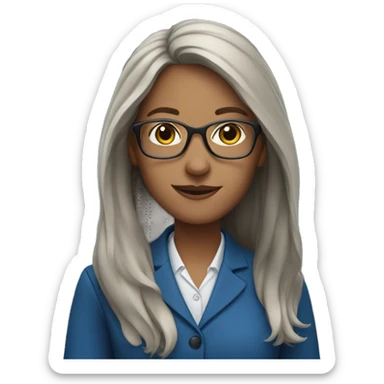 female teacher with long hair, glasses and blue jacket sticker