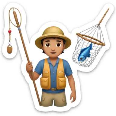 A Polynesian fisherman standing in the water with a net full of fish. The fisherman has empty hands and is standing in the water. sticker