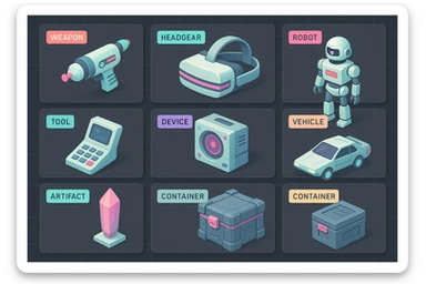 a virtual display, a gray grid with darker gray cells, each cell containing an item viewed in isometric minimalism render The cells have pastel neon colored labels in their upper corner, indicating various traits of the items. retrofuturism, circa 2880's sticker
