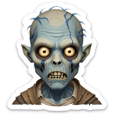 Cinematic Realistic WoW undead friendly zombie Portrait, depicted with decayed yet noble features, his weathered, pallid skin etched with ghostly blue veins and ancient scars. Clad in modest, tattered attire in muted browns and greys that remain consistently rugged, his hollow eyes burn with determined defiance. Rendered with lifelike texture and dramatic natural lighting, high shine, noble and resilient, capturing the stoic spirit of an undead veteran of Azeroth. sticker