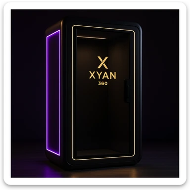 A privacy enclosure booth with glowing LED strips in purple and gold, 'Xyan 360' logo displayed, upscale and modern style sticker