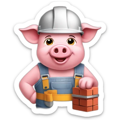 happy little piggy dressed like a builder holding a brick sticker