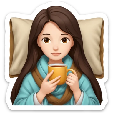 brunnette girl with long hair snuggled up in a blanket and holding a hot tea in her hands sticker