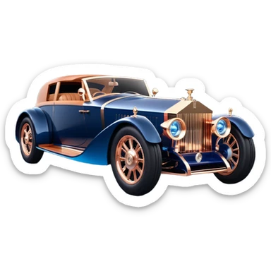 dark blue led lights on a hot rodded delicately inlaid rose gold and wood accentuated sporty 1889 Rolls Royce with futuristic electric spaceship plasma neon ic motors and dynamos with wide racing wheels that are held strong by advanced suspension and steering sticker