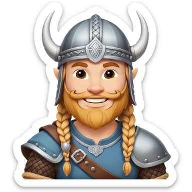 Clash of Clans aesthetic: Cinematic Cheerful Viking Portrait Emoji, With a bright, confident smile and a relaxed, adventurous stance, showcasing a stylized, spirited build with a classic Viking helmet and braided hair, his natural skin tone lending authenticity, Simplified yet expressive features, highly detailed, glowing with a soft, golden Nordic radiance, high shine, upbeat and courageous, stylized with an air of classic Viking heroism, soft glowing outline, capturing the essence of a cheerful Viking ready to embark on legendary quests! sticker