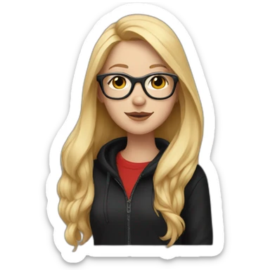 white girl with glasses and long blonde hair and black hoodie and a red doberman sticker