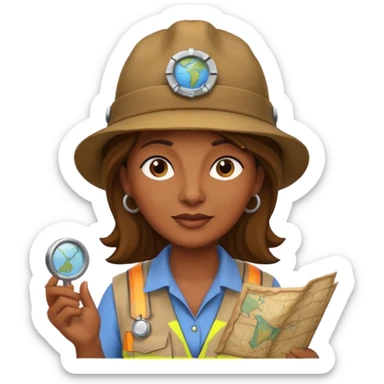 55-year-old female archaeologist, brown skin, archaeologist hat, small map on the side sticker