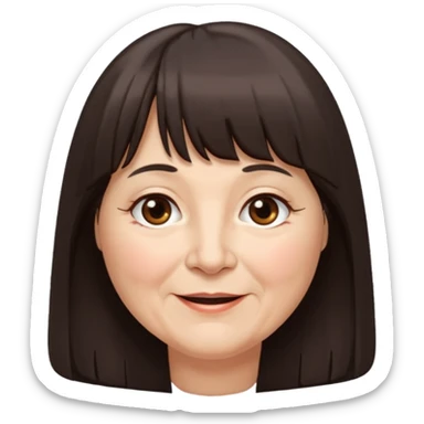 60 yr old woman, long hair down back, very small brown eyes, long hair, straight dark brown hair, bangs, chubby, long face, very tired but happy sticker