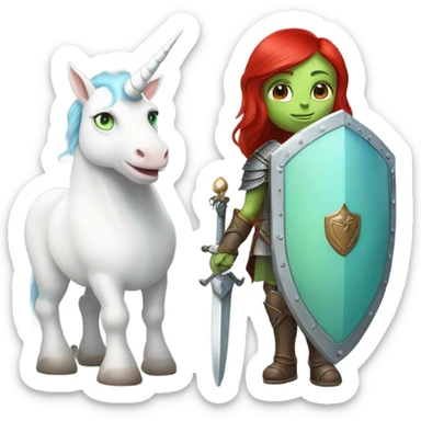 medieval shield: [politically incorrect, (
	{ female, alien, color: light green, hair:red, eyes:cat} ]
	on a 
	[{ unicorn: white, legged:four, mane: light blue }]) sticker