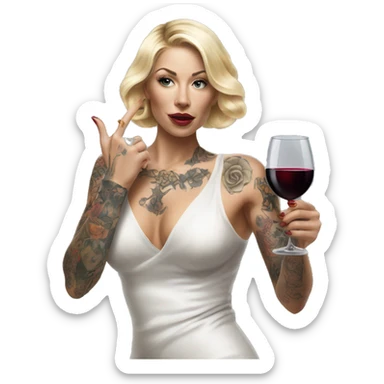 Blonde elegant women, her body covered with tattoos, wine in her one hand, Pointing Forward with her Other Hand , Hyper realistic sticker