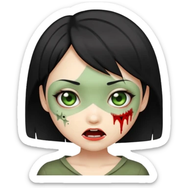 adorable Asian zombie girl emoji, Ada Wong inspired short black hair, greenish skin, cute fangs, wink sticker