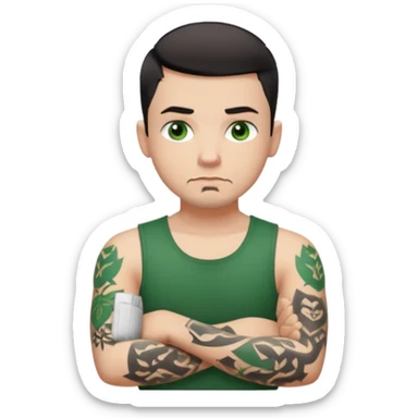 White young man with short black taper fade hair cut and slight goatee and neutral expression with his arms folded. Green eyes and arm tattoos sticker