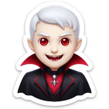 Cinematic Cute Vampire Portrait Emoji, with a refined yet playful small, rounded pale face accented by tiny, cute fangs and bright, twinkling eyes, sporting miniature elegant dark attire with a hint of crimson, simplified yet irresistibly charming, highly detailed with a soft glowing outline that captures the delightful duality of spooky sweetness and stylish allure! sticker