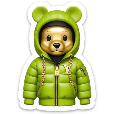 traditional cube-shaped bearbrick toy with squared head, lime balaclava with graffiti logos and integrated dark visor shield, Louis Vuitton monogram puffer jacket with plush fur hood trim, gold chains sticker