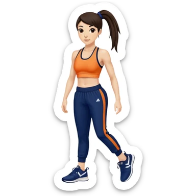 Melanie chisholm with a dark brown high ponytail, wearing an orange sports bra and navy blue track pants with sneakers sticker