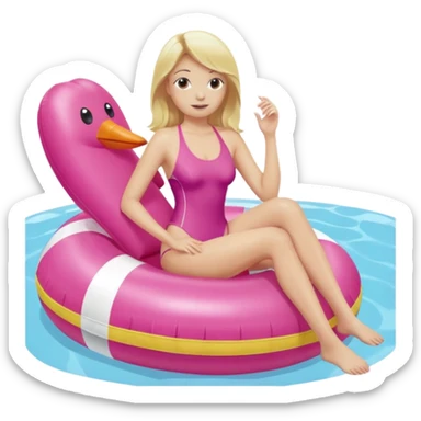 woman with blond hair in pink swimsuit sitting on inflatable buoy in swimming pool sticker