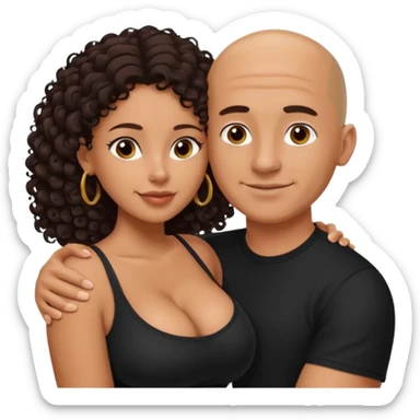 A picture of an embracing tanned couple. the man is a Mexican man with tanned skin, with a bald hair cut, and wearing a black shirt. the woman is mixed, with glasses,  with long curly dark brown hair and with big boobs. Remove the glasses from the guy sticker